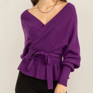Long Sleeve Tiered Hen Wrap Front Knit Sweater with Crisscross Back Detail Top